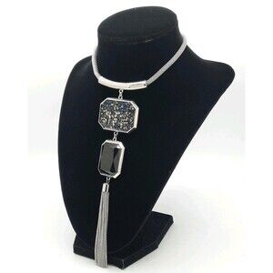Silver Tone Mesh Chain Geometric Black Druzy Pendant Tassel Statement Necklace